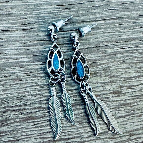 Silver Boho Feather Turquoise Blue Drop Earrings - Picture 1 of 4